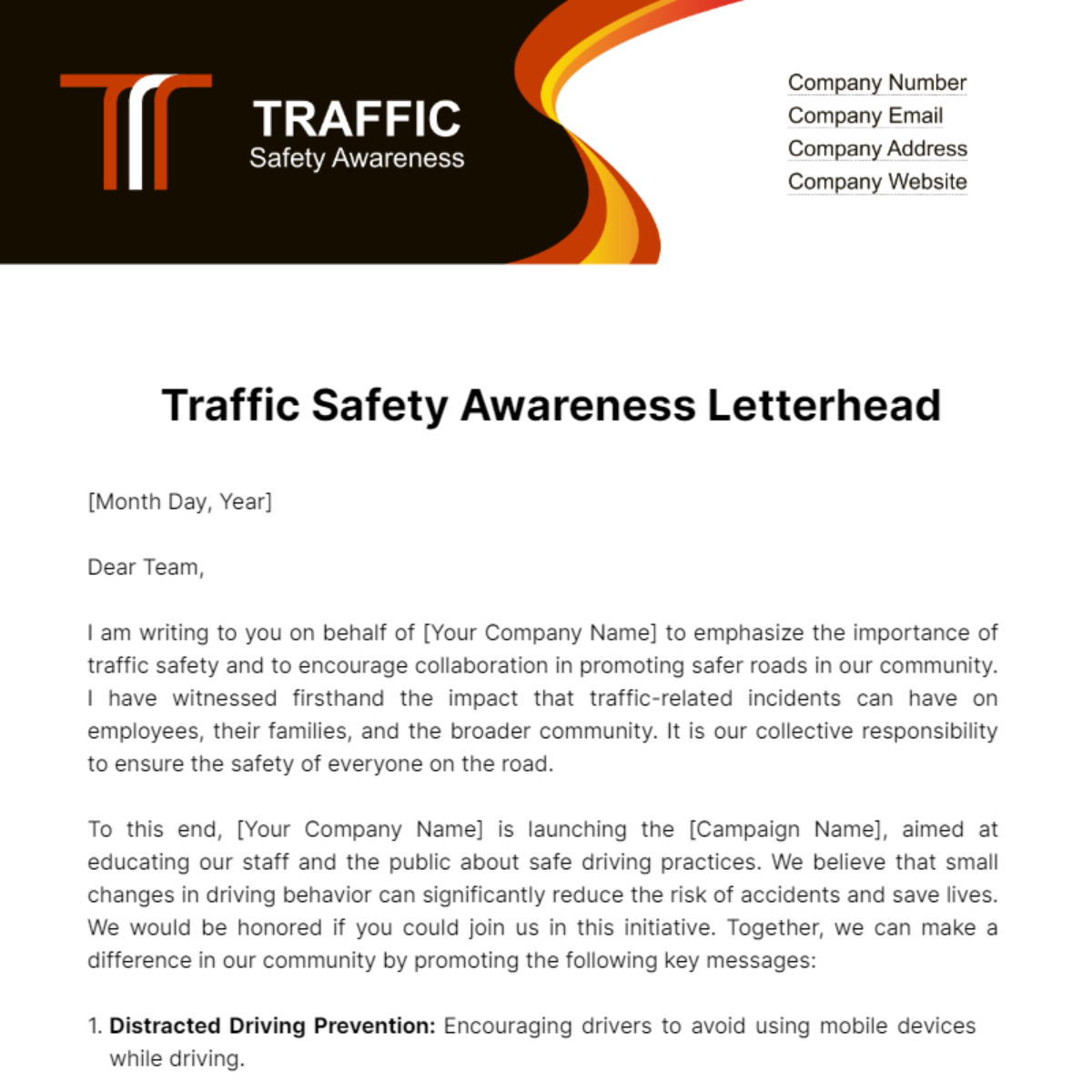 Free Traffic Safety Awareness Letterhead Template