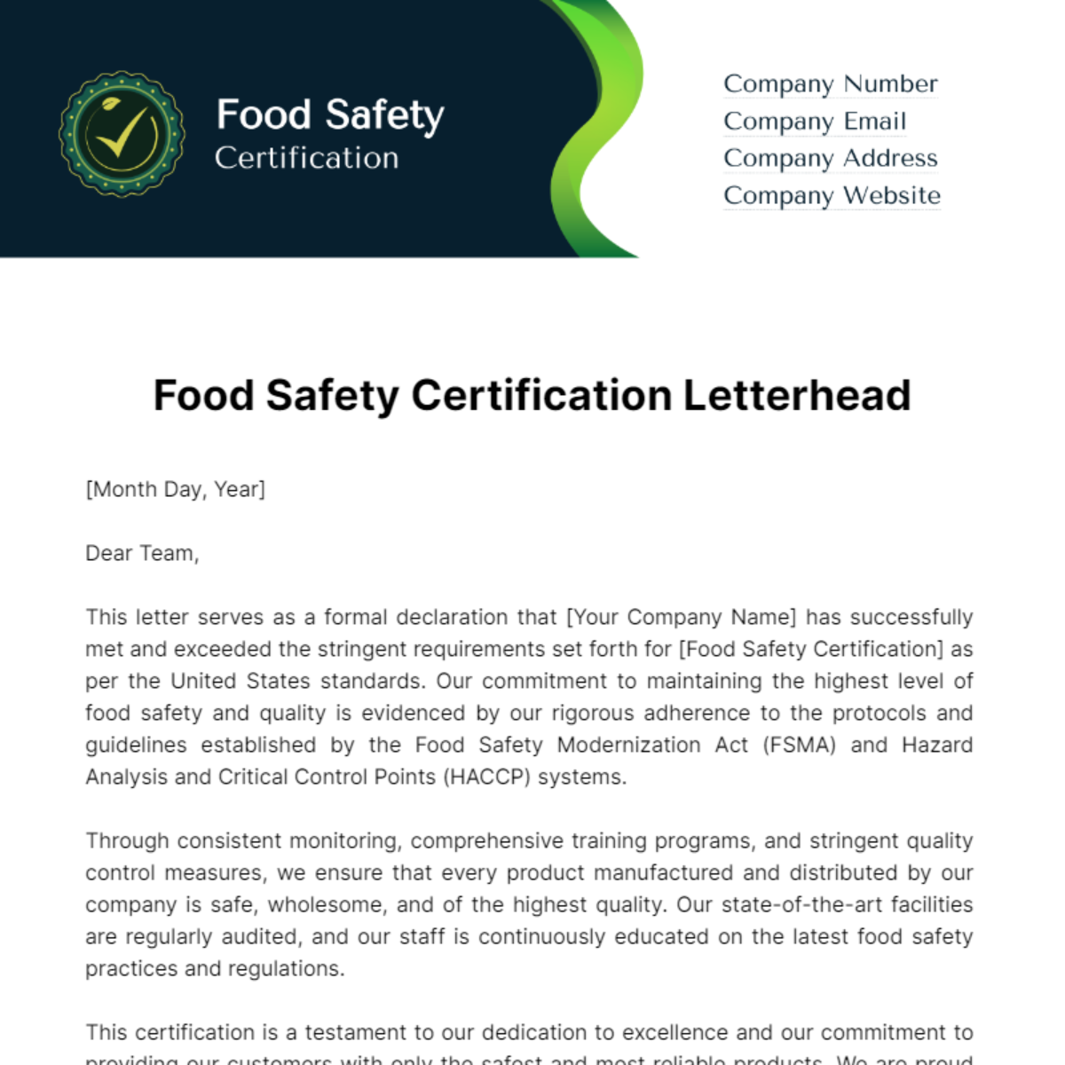 Food Safety Certification Letterhead Template