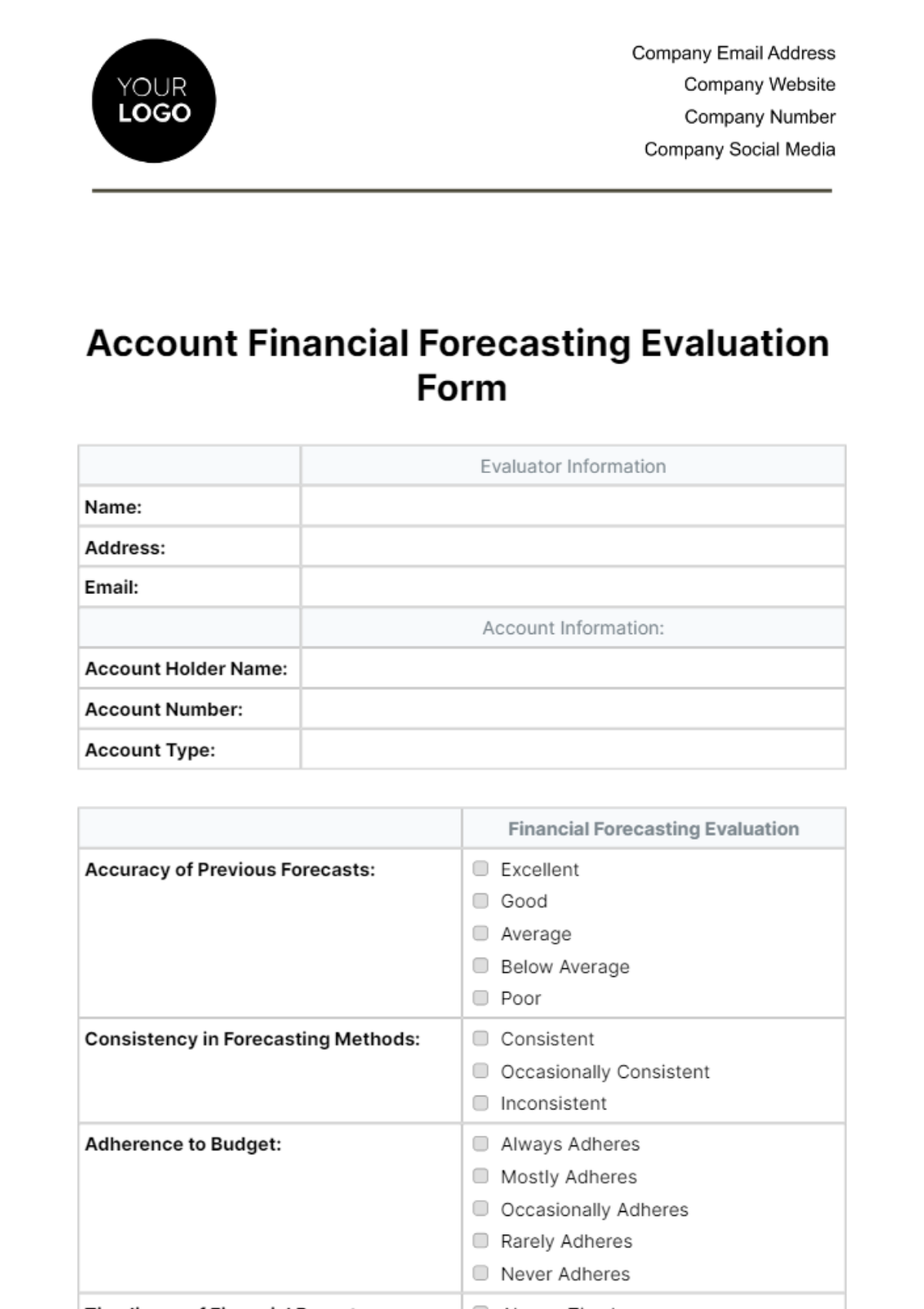 Free Account Financial Forecasting Evaluation Form Template