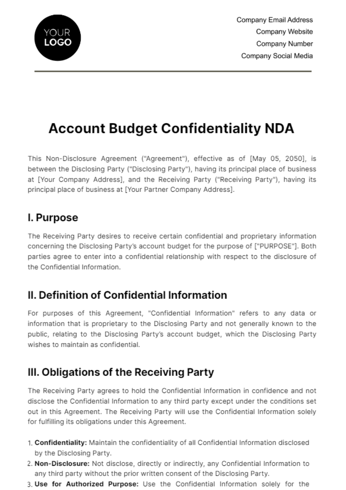 Account Budget Confidentiality NDA Template