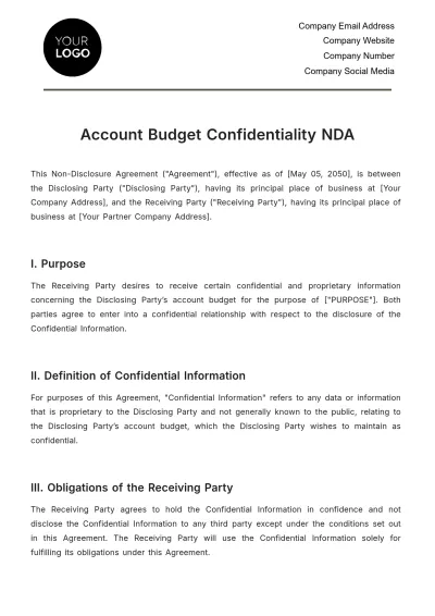 Free Account Budget Confidentiality NDA Template to Edit Online