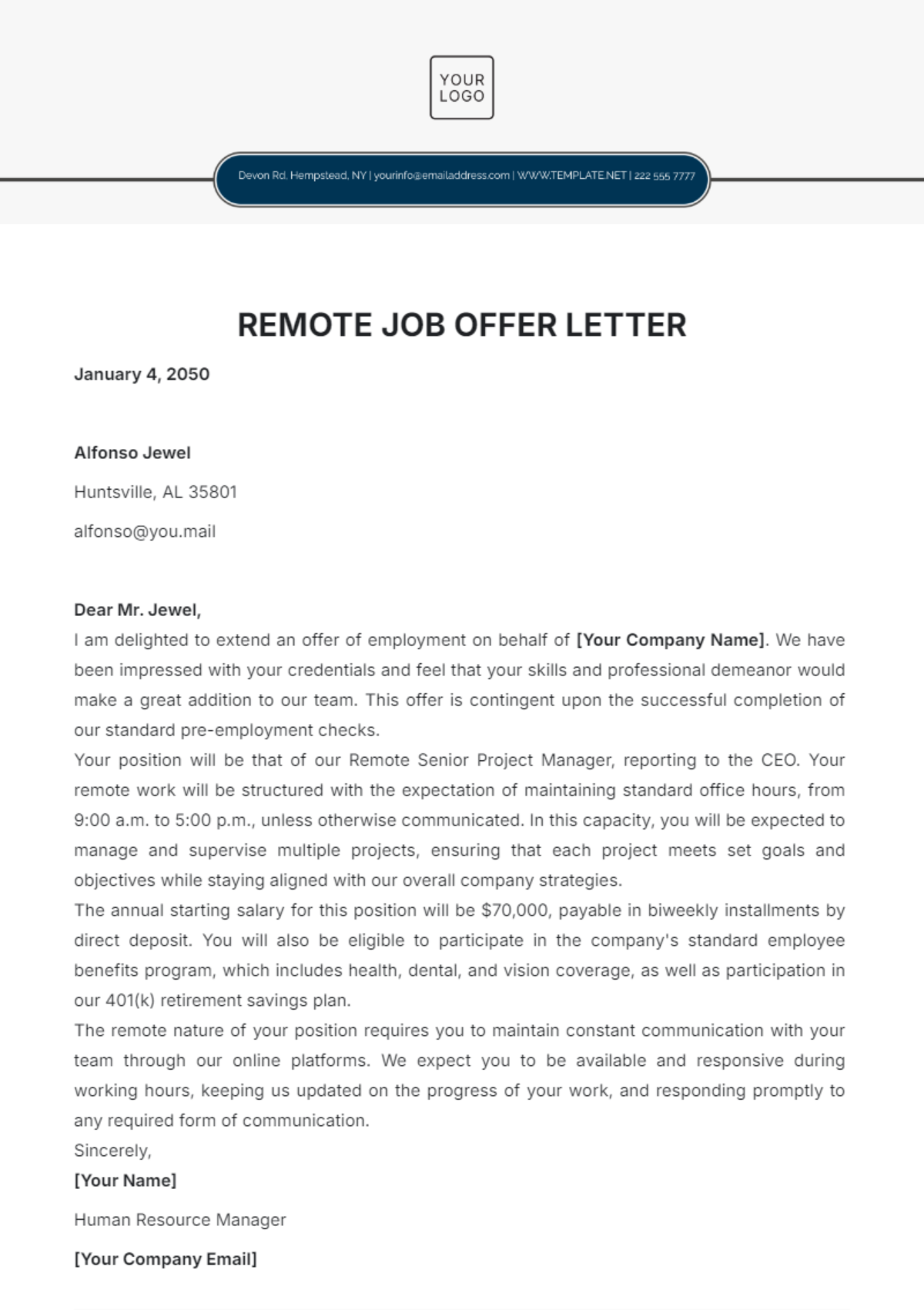 Remote Job Offer Letter Template - Edit Online & Download