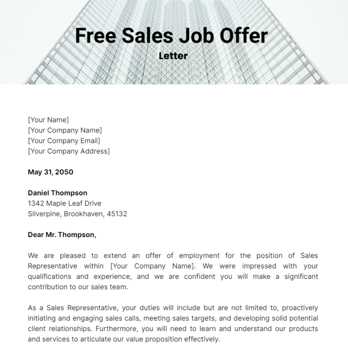 Sales Job Offer Letter Template