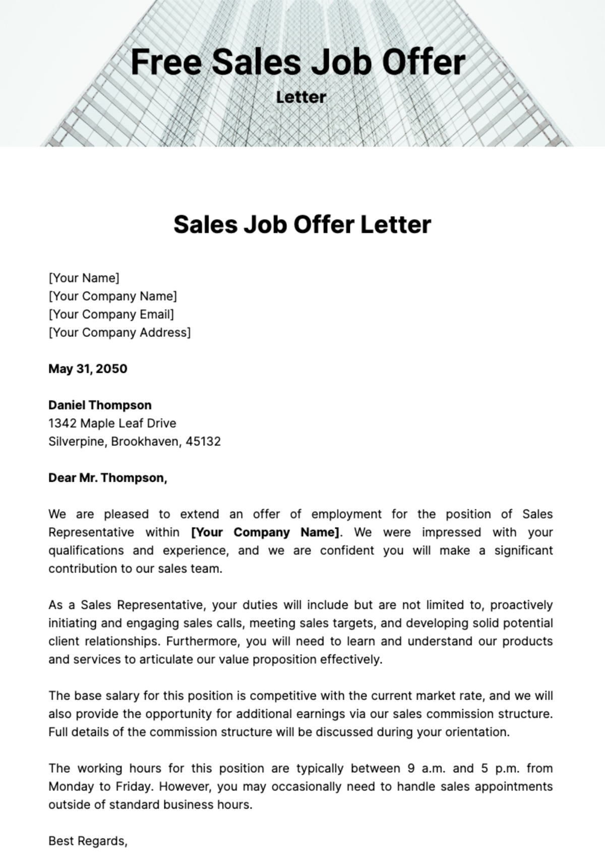 Free Sales Job Offer Letter Template