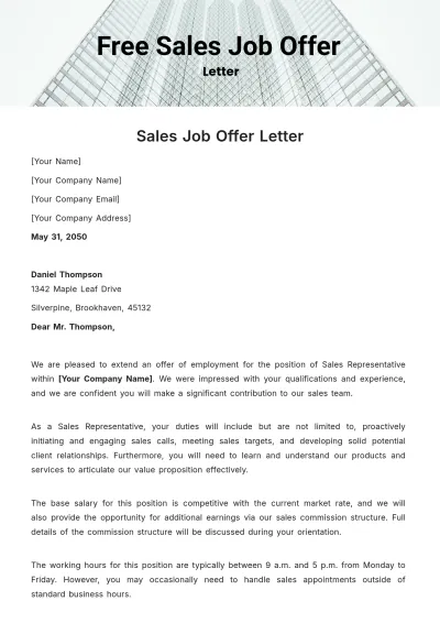 Free Sales Job Offer Letter Template to Edit Online