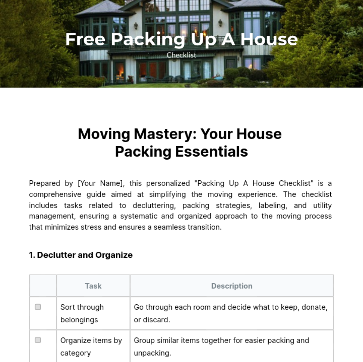 Free Packing Up A House Checklist Template