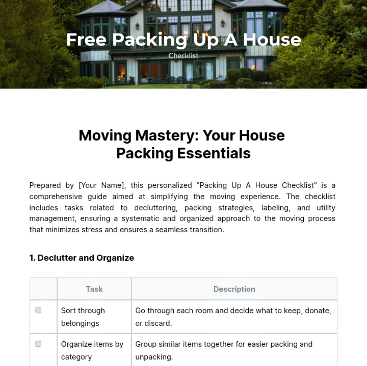 Packing Up A House Checklist Template - Edit Online & Download