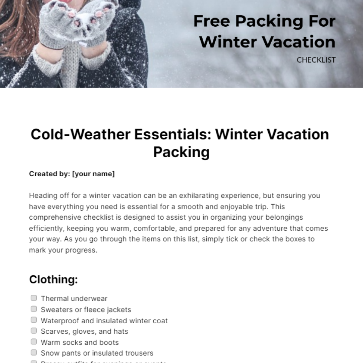 Packing Checklist For Winter Vacation Template