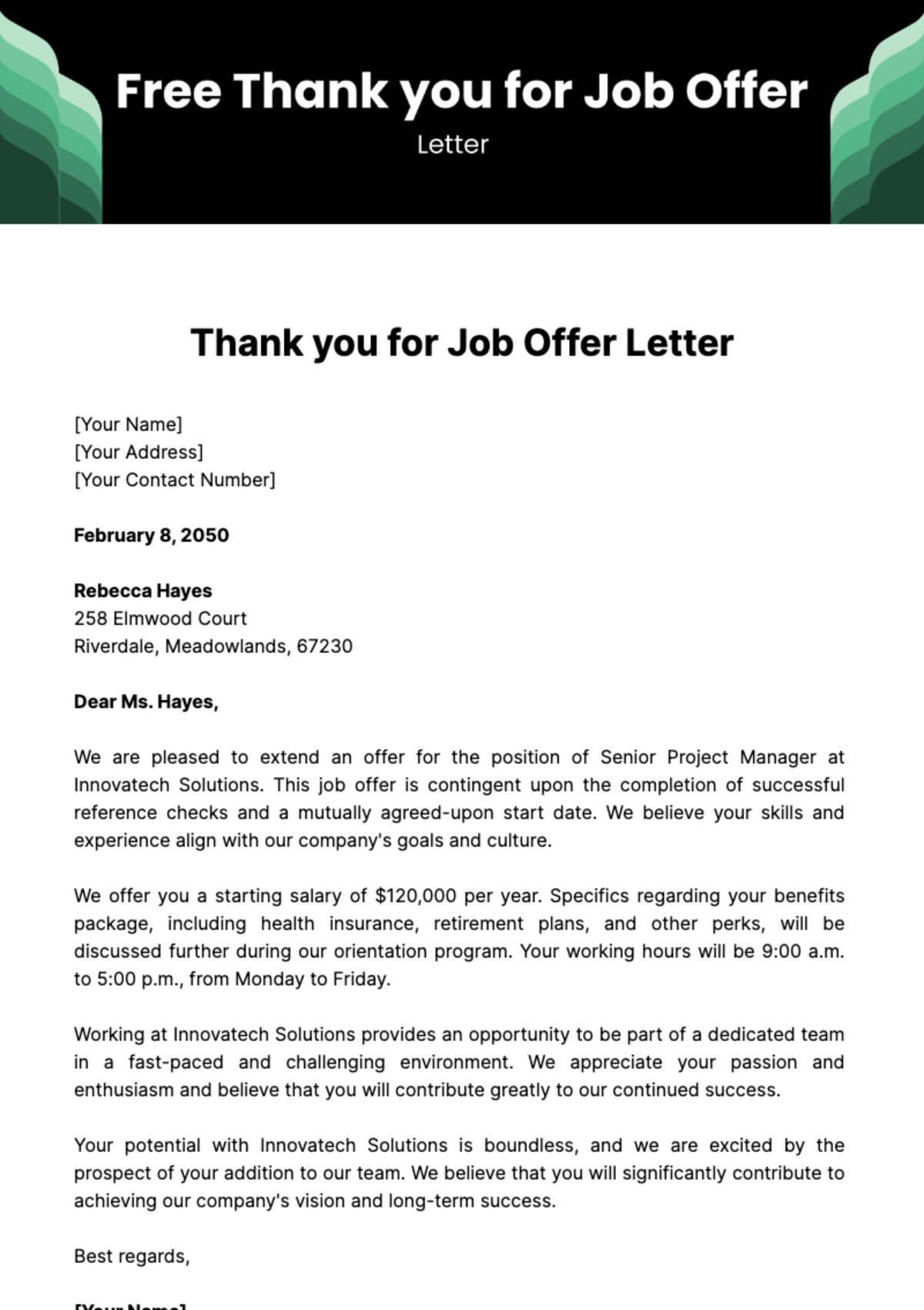 Free Thank you for Job Offer Letter Template