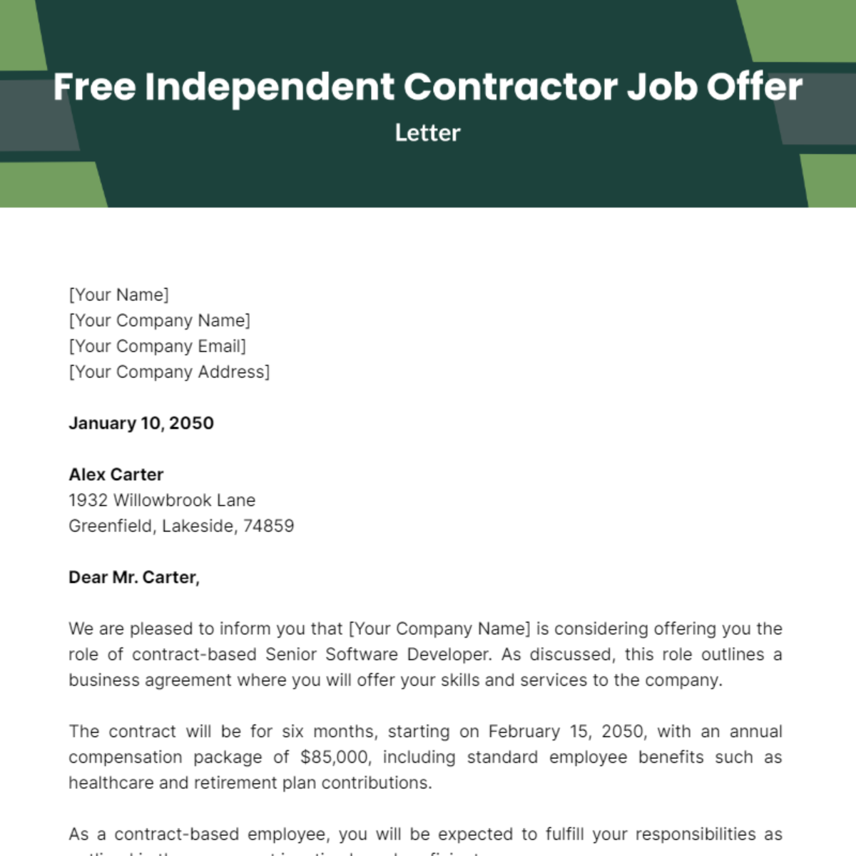 Independent Contractor Job Offer Letter Template