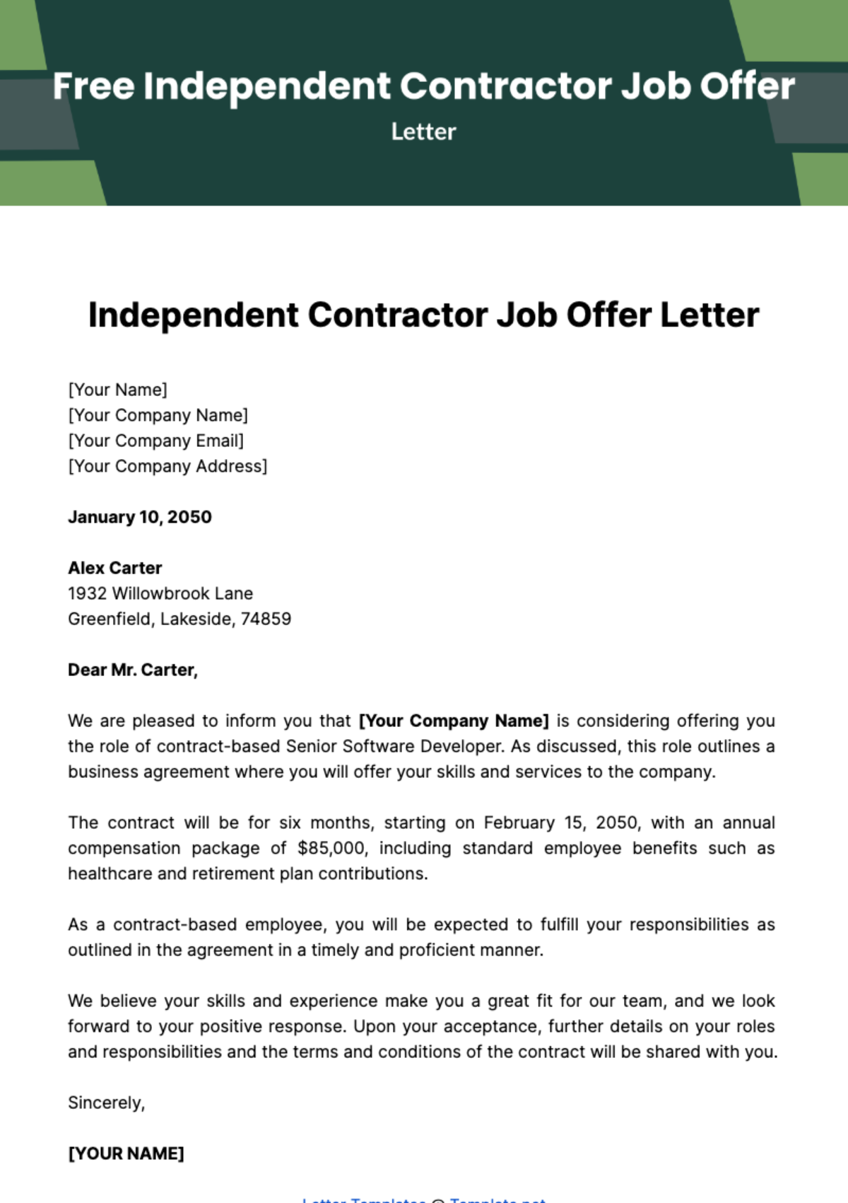 Free Independent Contractor Job Offer Letter Template