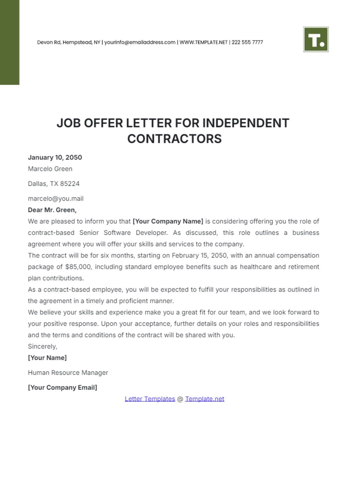 Job Offer Letter for Independent Contractors Template - Edit Online & Download