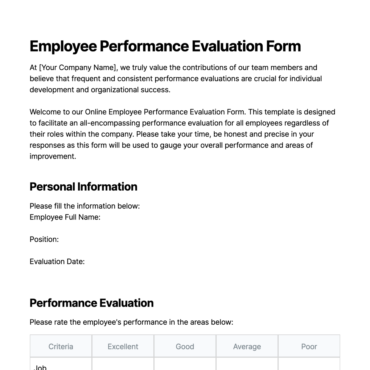 Standard Job Skill Assessment HR Template