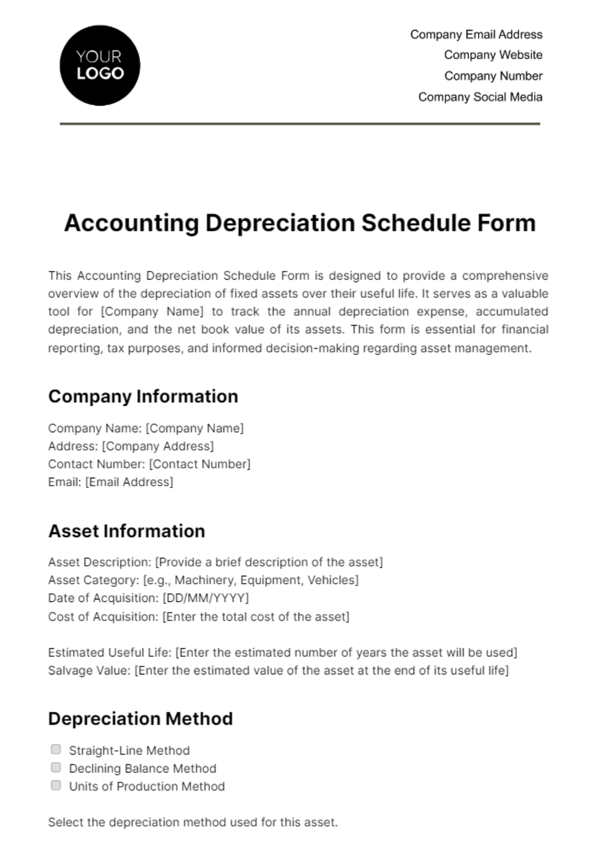 Accounting Depreciation Schedule Form Template