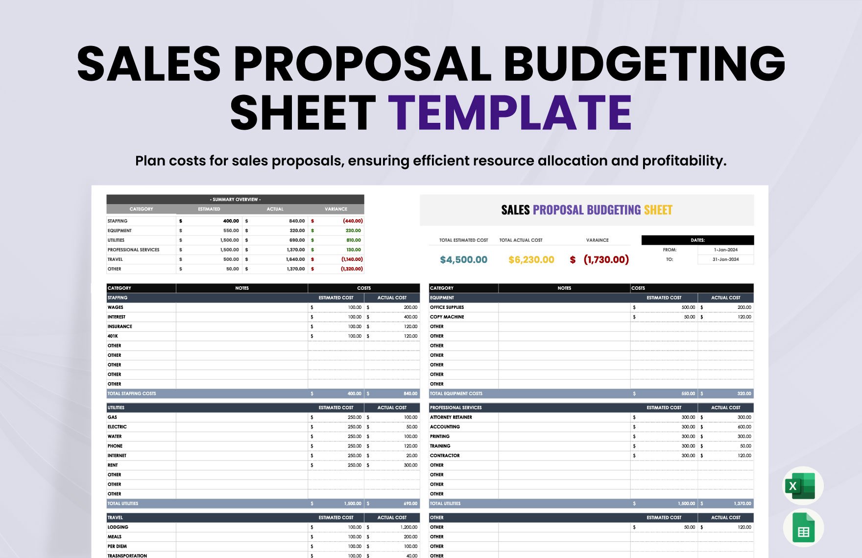 Sales Proposal Budgeting Sheet Template