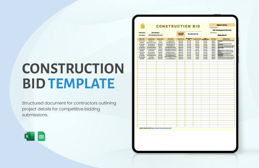 Free Construction Bid Template in Excel, Google Sheets