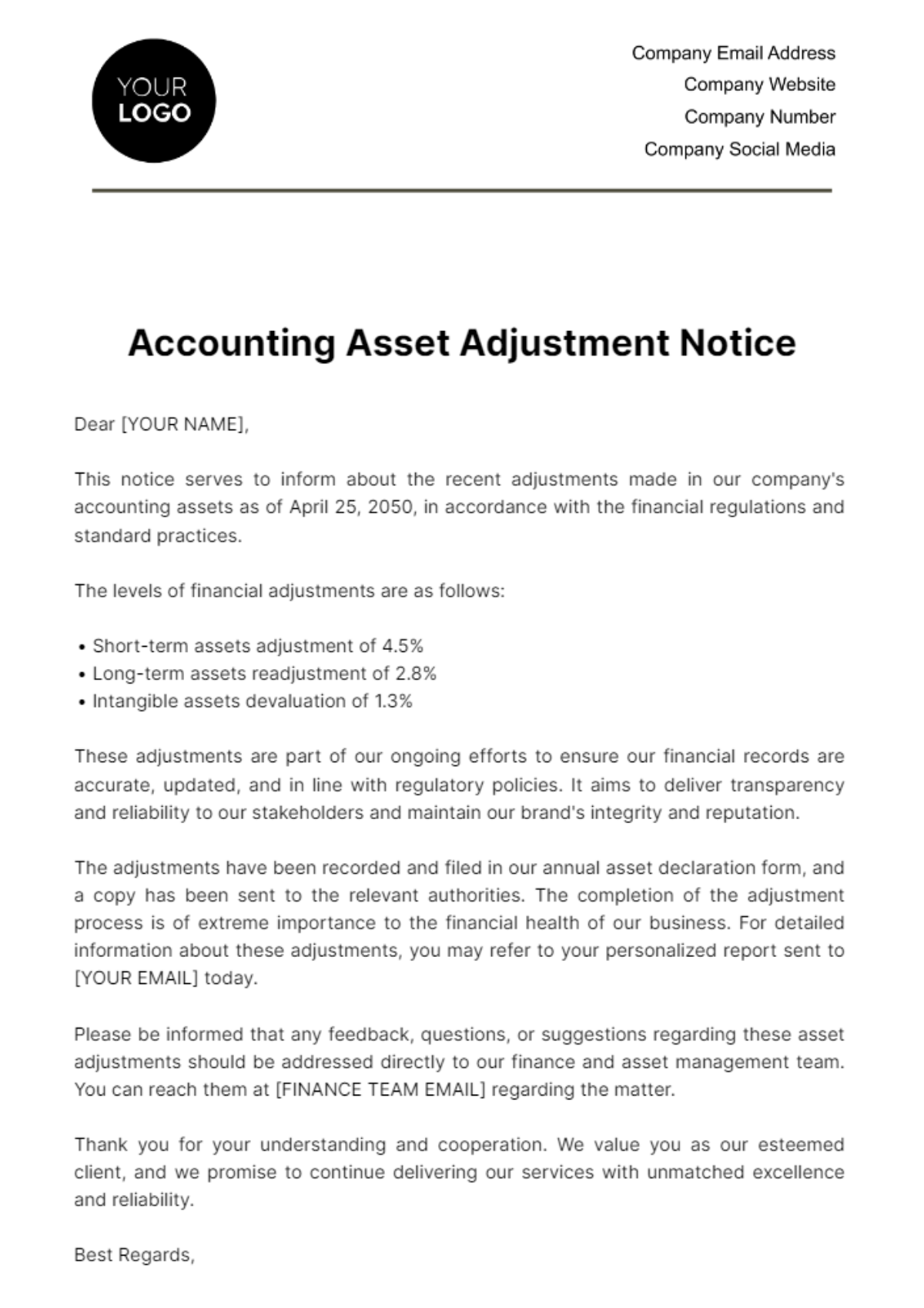 Accounting Asset Adjustment Notice Template