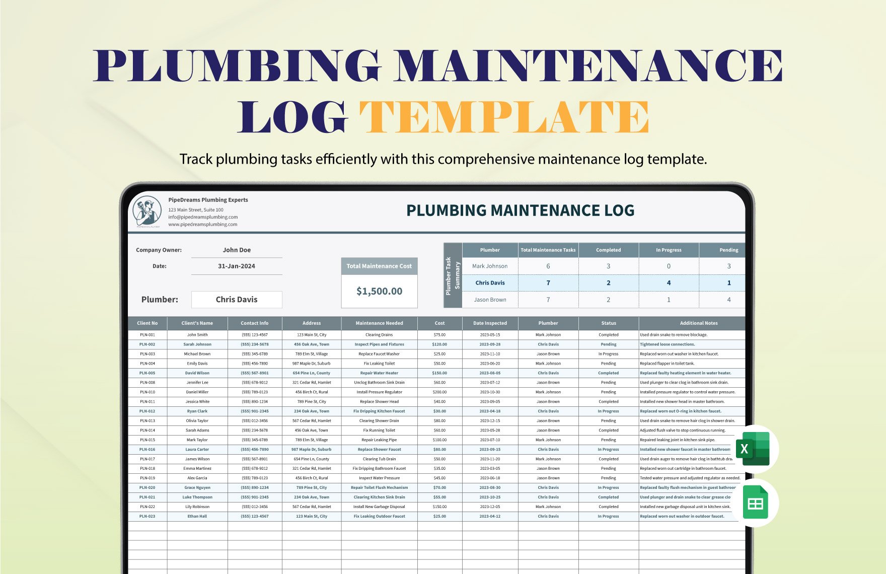 Plumbing Maintenance Log Template