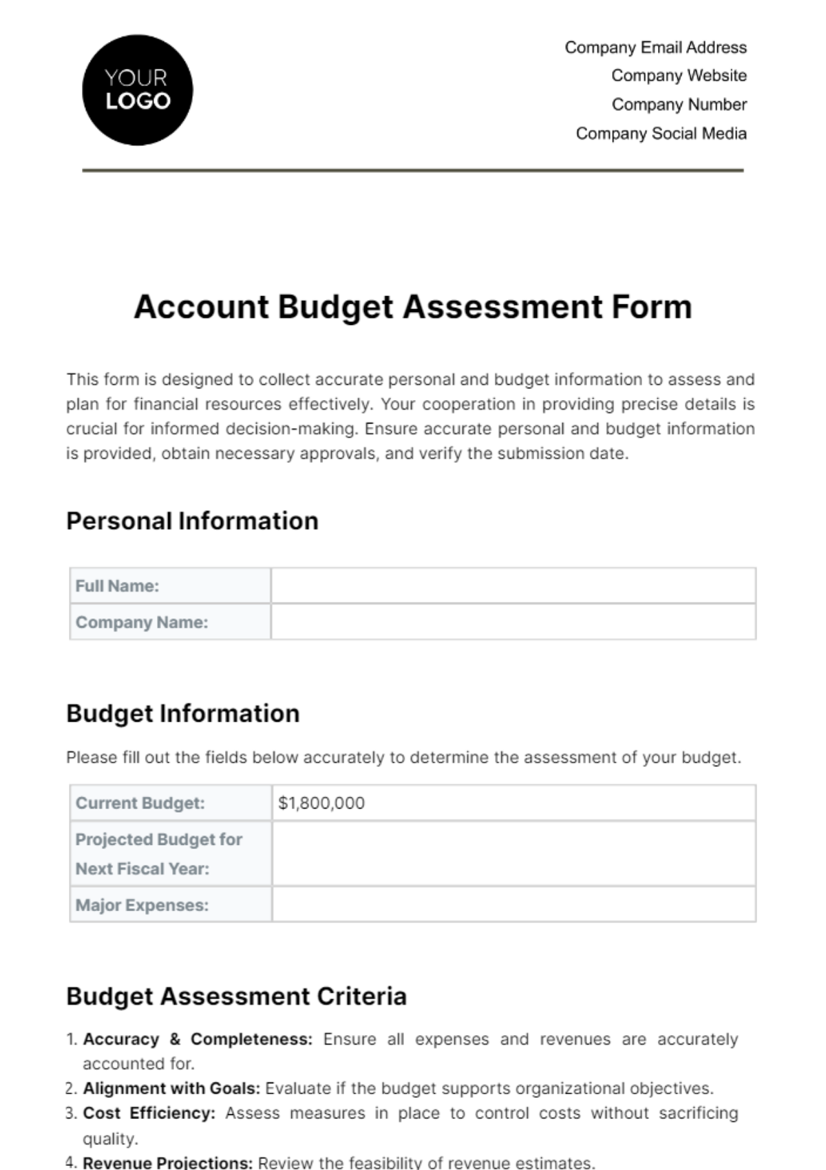 Account Budget Assessment Form Template