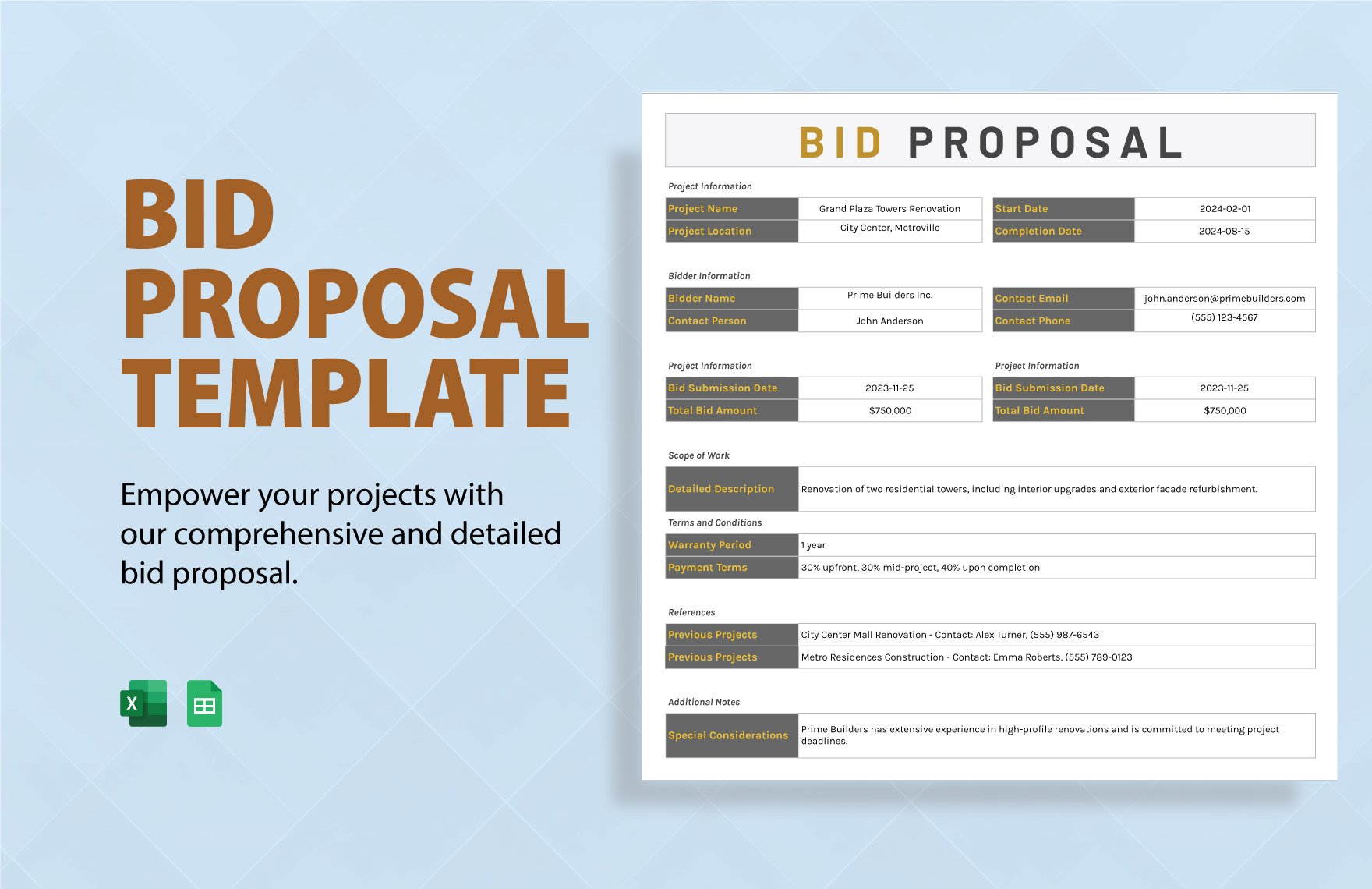 Free Bid Proposal Template in Excel, Google Sheets