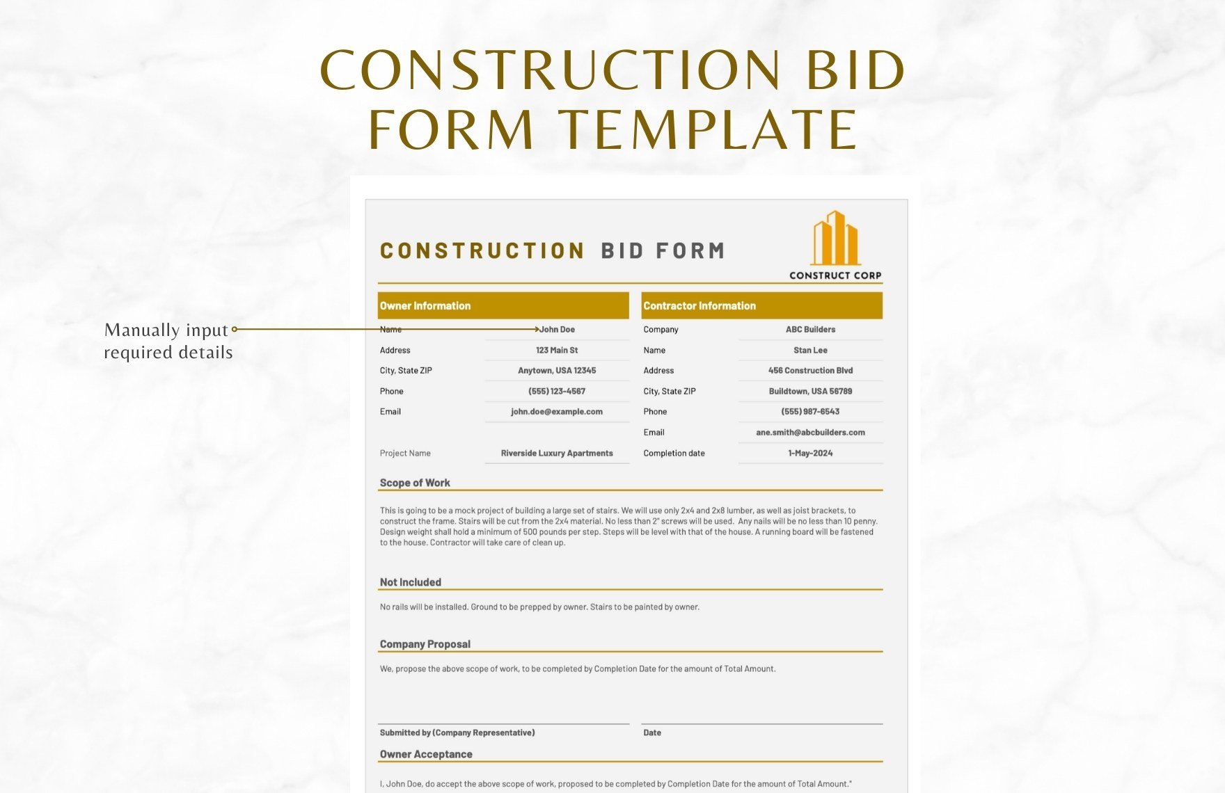 Construction Bid Form Template