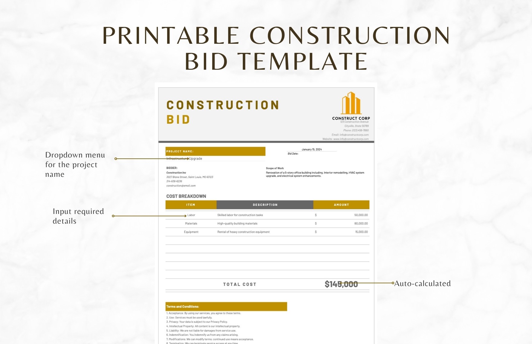 Printable Construction Bid Template