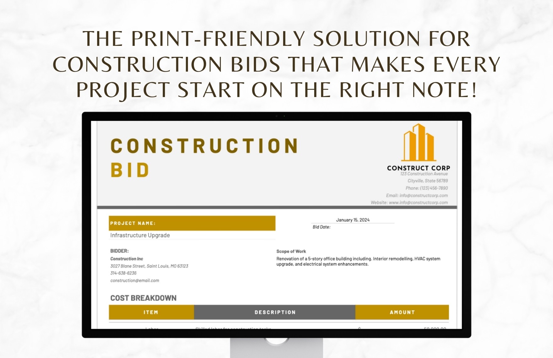 Printable Construction Bid Template