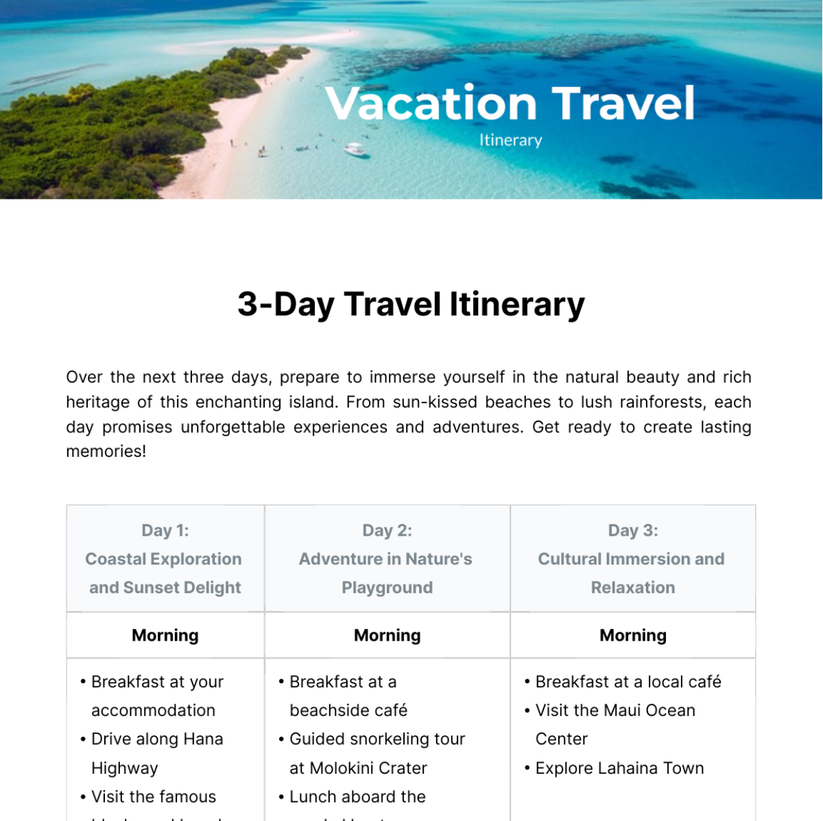 Vacation Travel Itinerary Template 