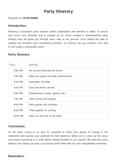 Free Party Itinerary Layout Template to Edit Online