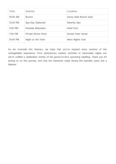 Free Bachelor Party Itinerary Template to Edit Online