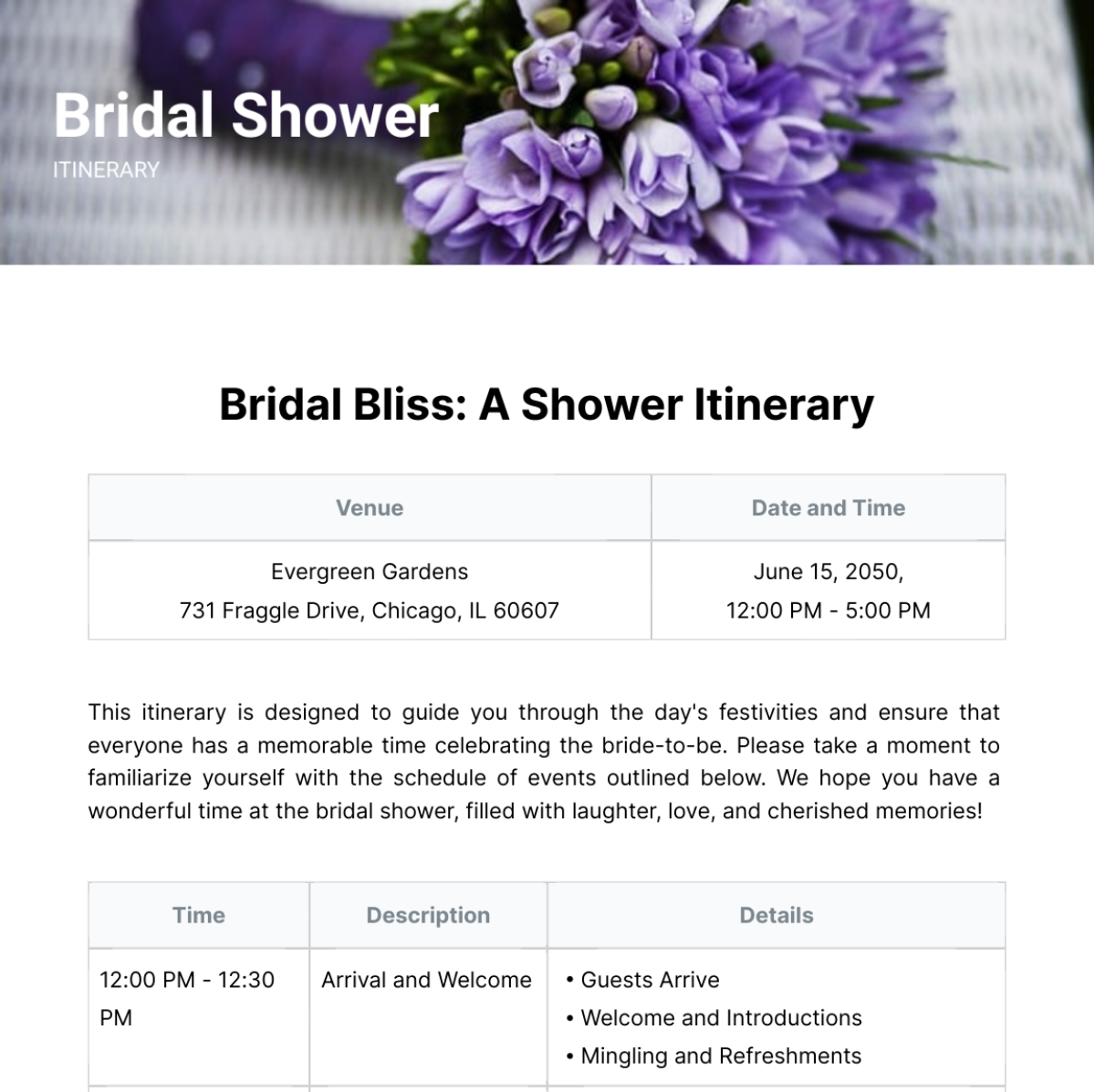 Bridal Shower Itinerary Template