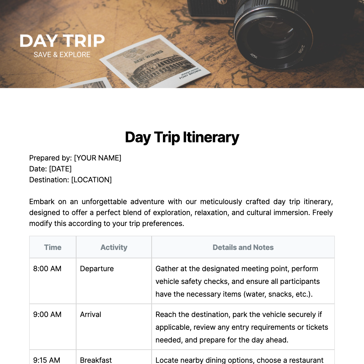 Day Trip Itinerary Template - Edit Online & Download Example | Template.net