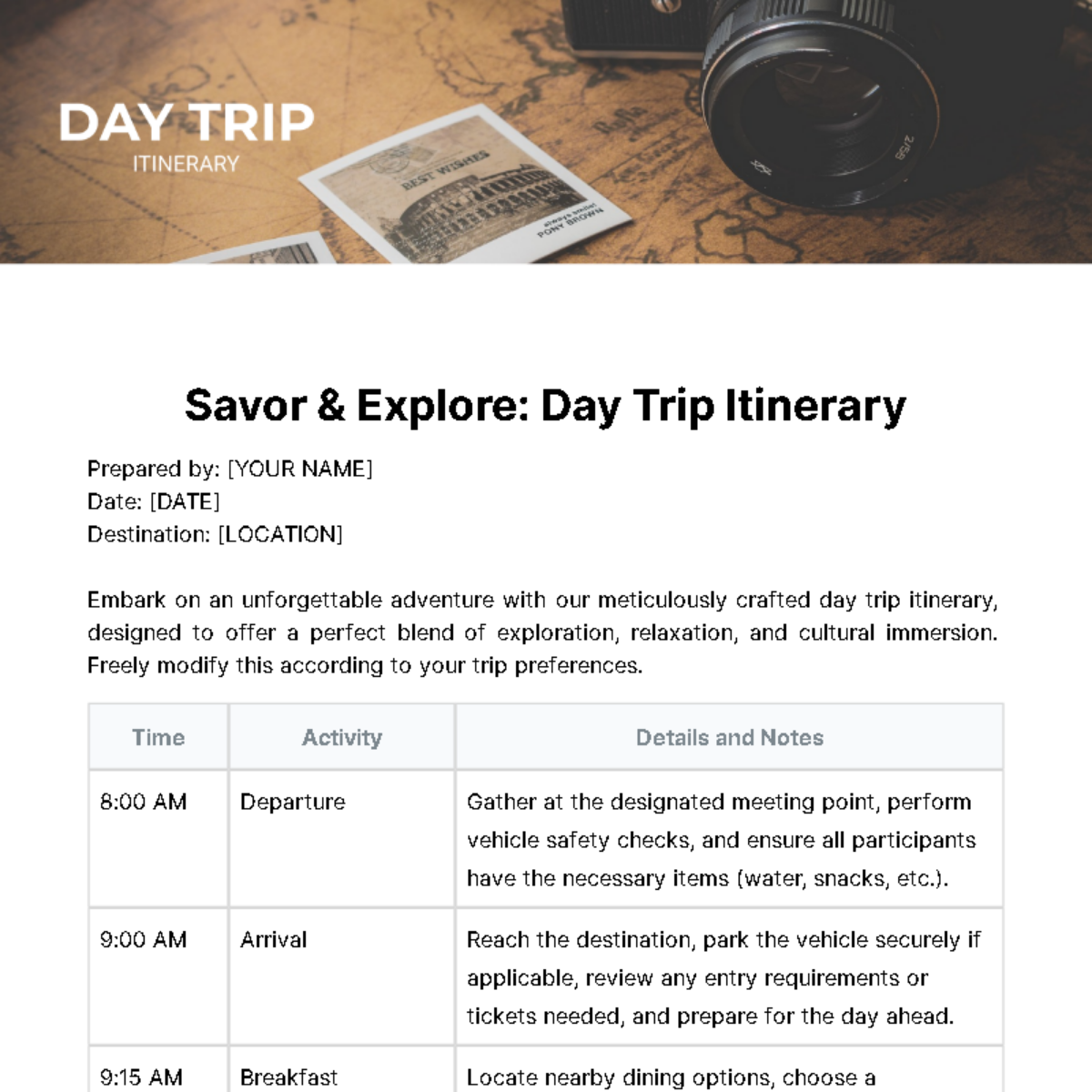 Day Trip Itinerary Template