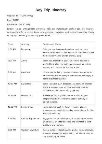 Free Day Trip Itinerary Template to Edit Online