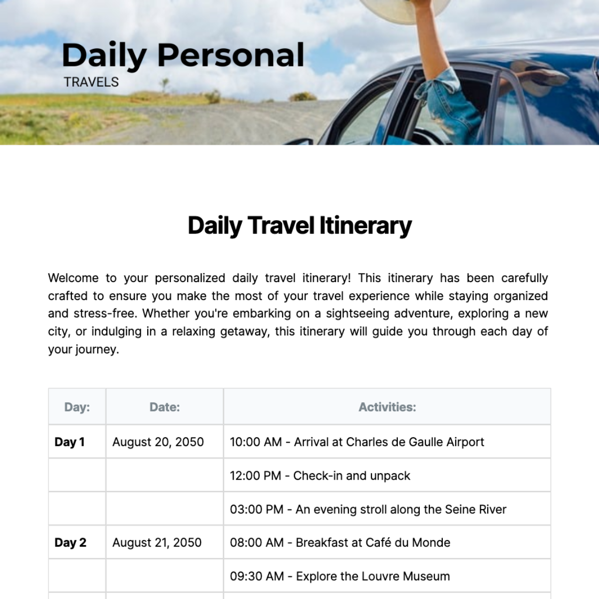 Daily Travel Itinerary Template