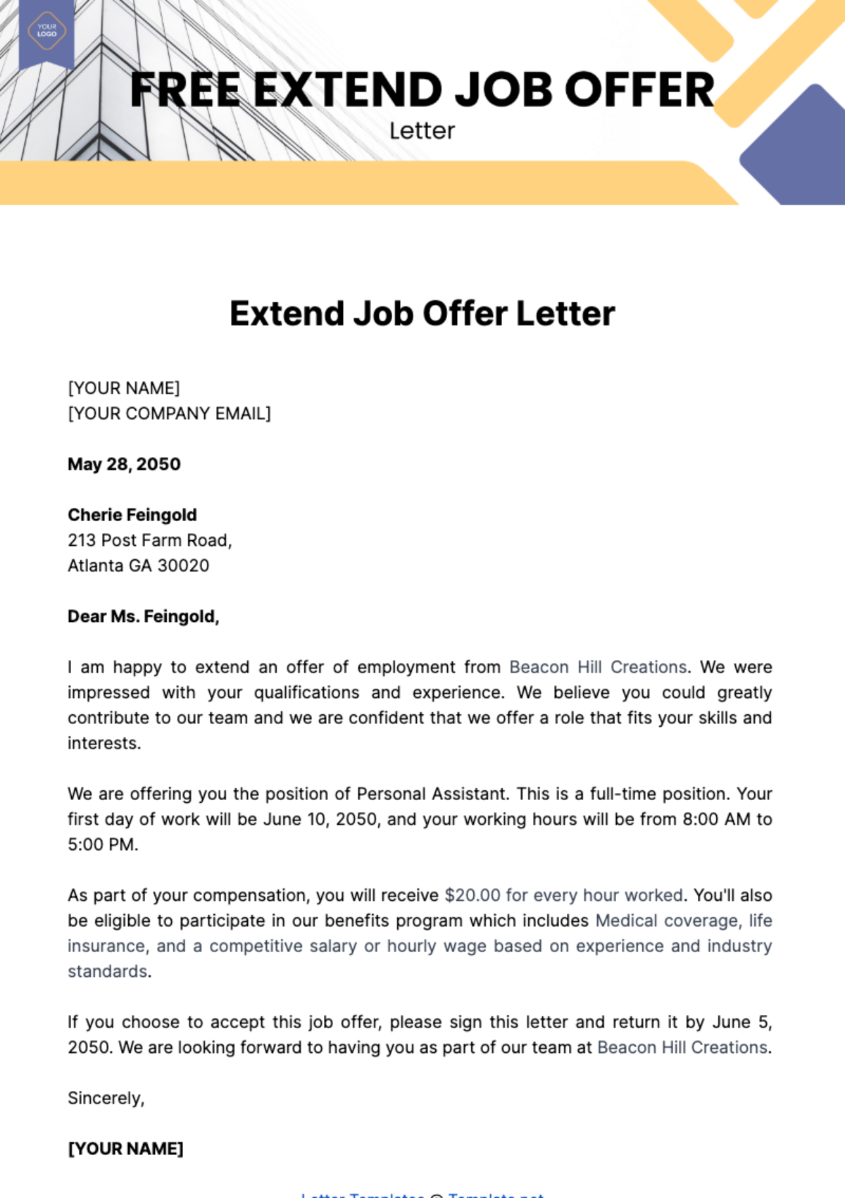 Free Extend Job Offer Letter Template