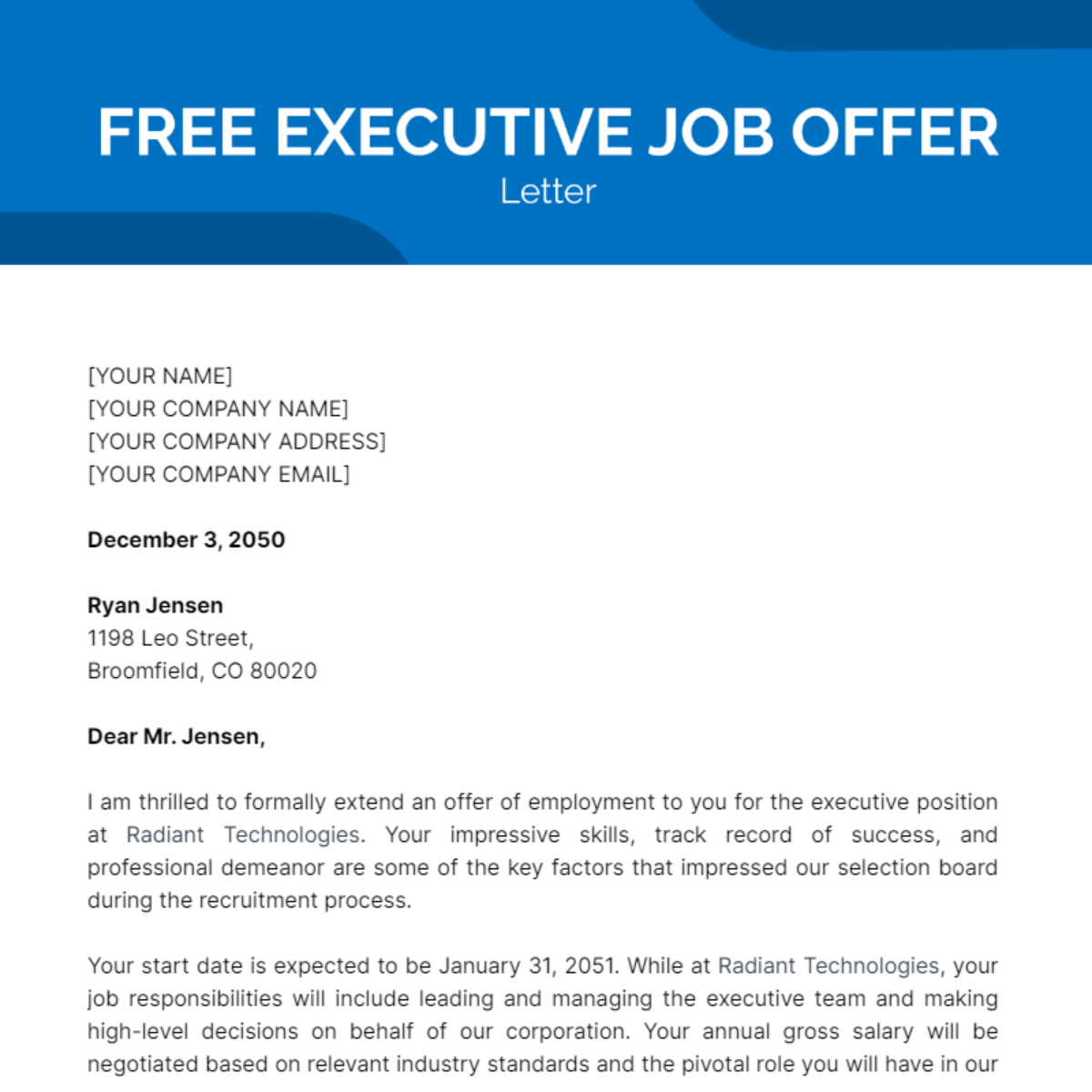 Executive Job Offer Letter Template