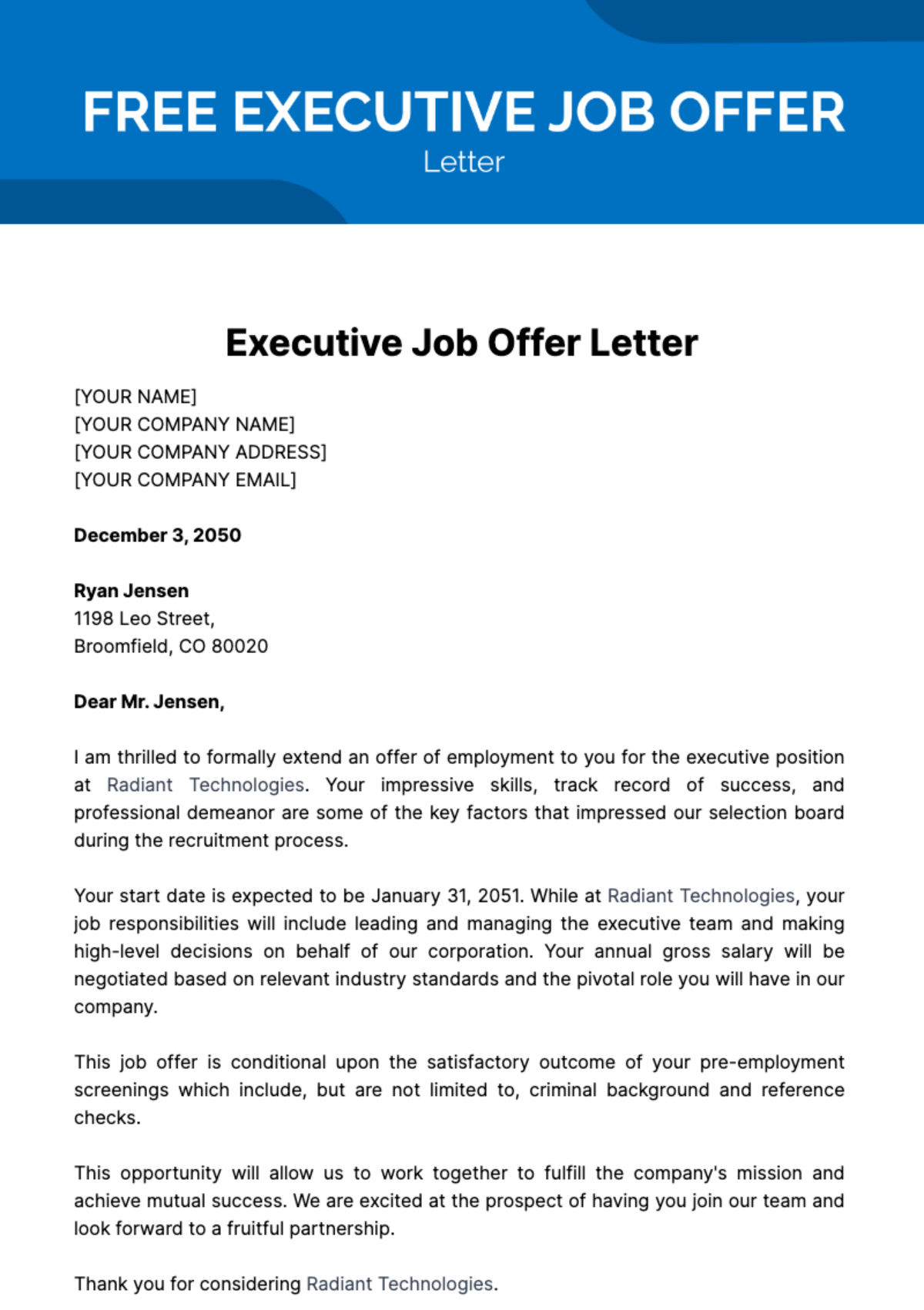 Free Executive Job Offer Letter Template