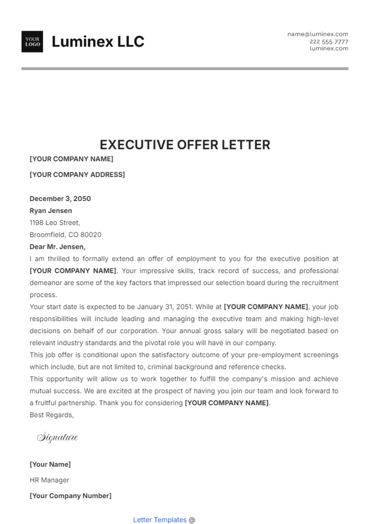 Executive Offer Letter Template - Edit Online & Download