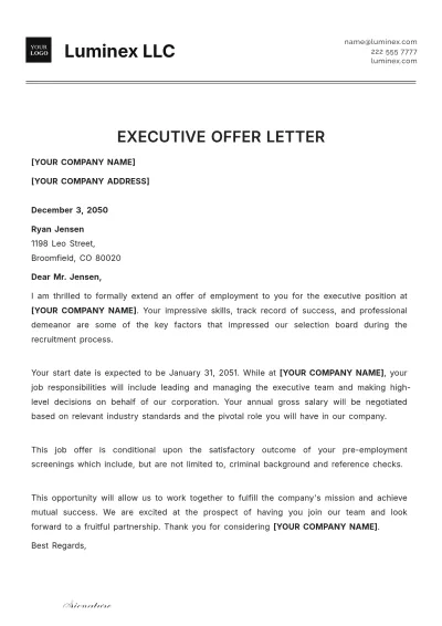 Free Executive Offer Letter Template to Edit Online