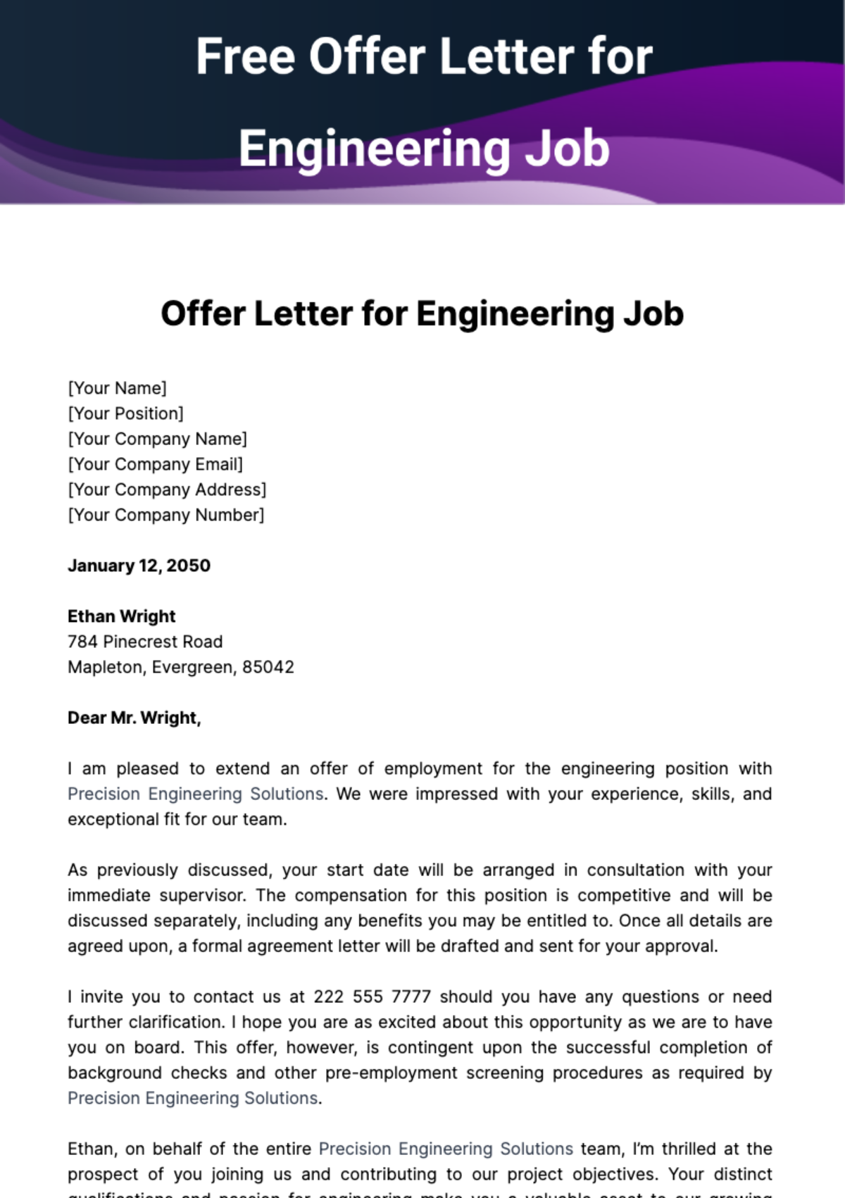 Free Offer Letter for Engineering Job Template
