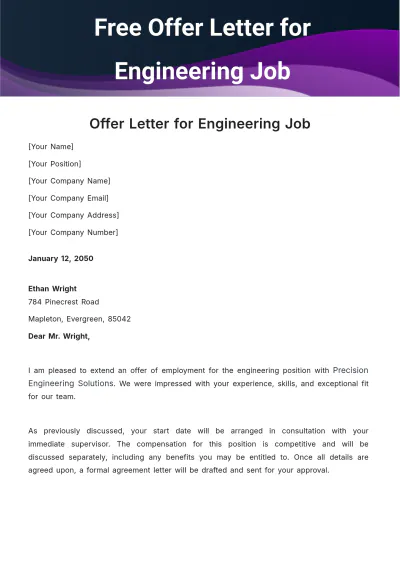 Free Offer Letter for Engineering Job Template to Edit Online