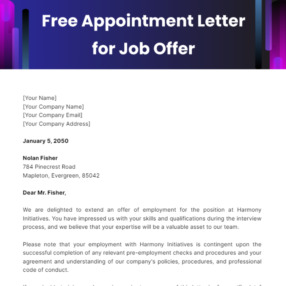 Appointment Letter for Job Offer Template