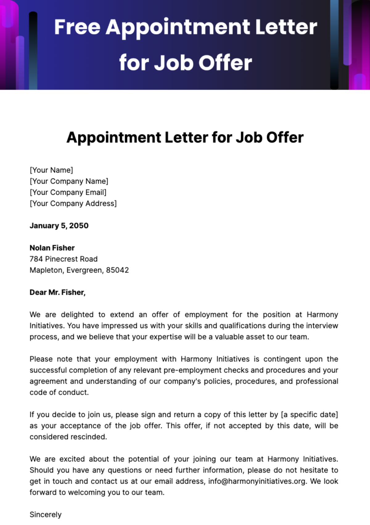 Free Appointment Letter for Job Offer Template