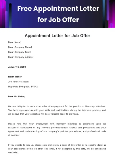 Free Appointment Letter for Job Offer Template to Edit Online
