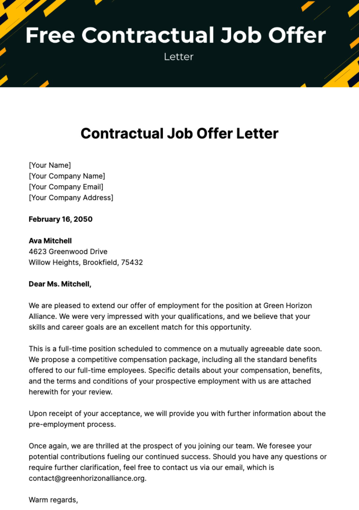 Free Contractual Job Offer Letter Template