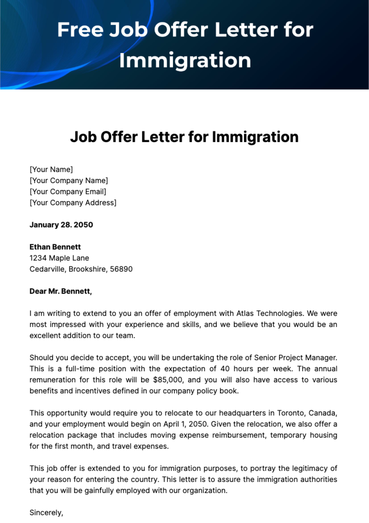 Free Job Offer Letter for Immigration Template