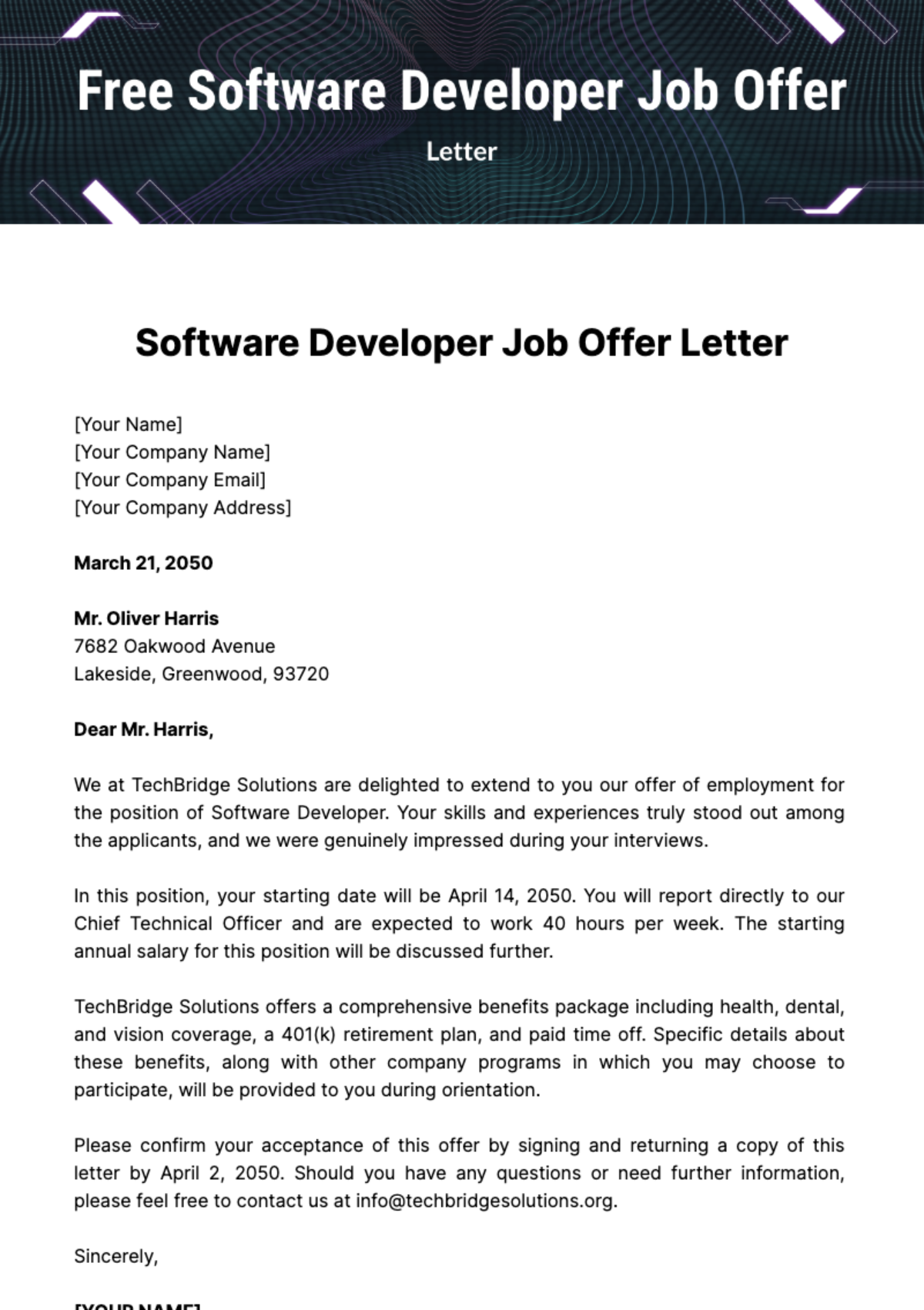 Free Software Developer Job Offer Letter Template