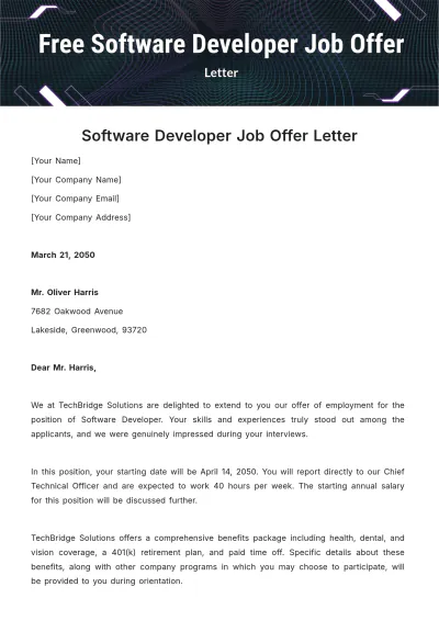 Free Software Developer Job Offer Letter Template to Edit Online