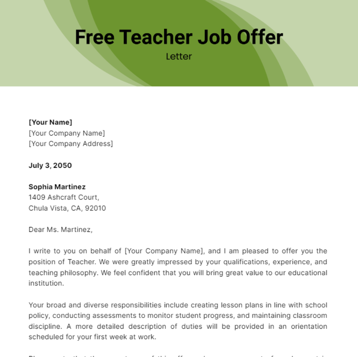 Teacher Job Offer Letter Template